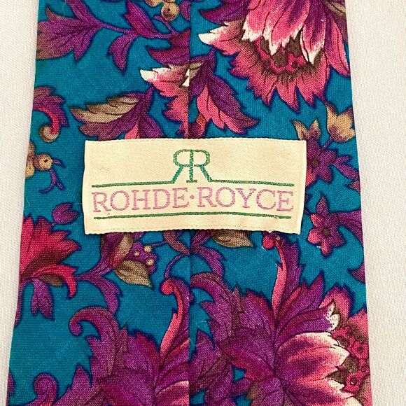 Rohde Royce Necktie Green  Burgundy Floral Pattern 100% Cotton - Picture 4 of 8